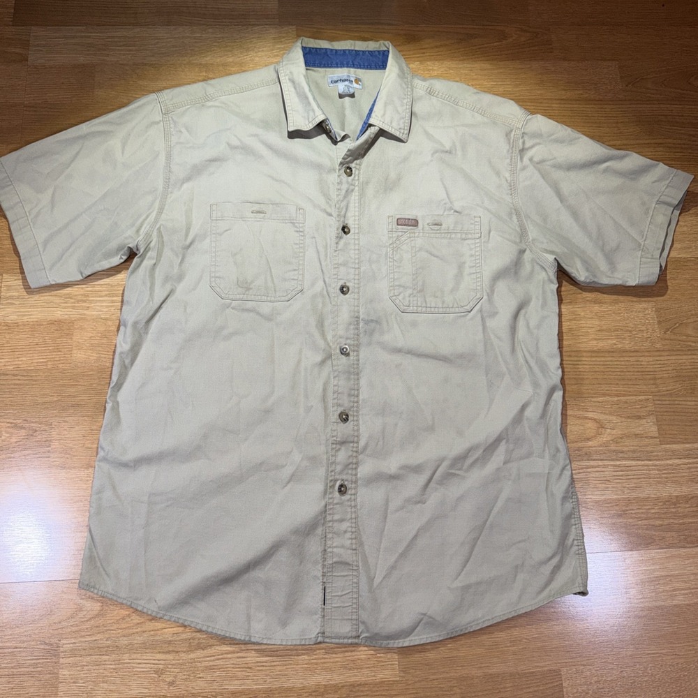 Carhartt Short Sleeve Button Down Shirt Mens XL Khaki Heavy Cotton Workwear